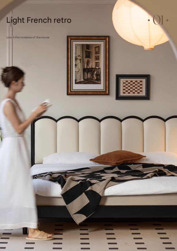 Rubber wood, Poplar Solid Wood Bed French Retro Style Black Harp Bed