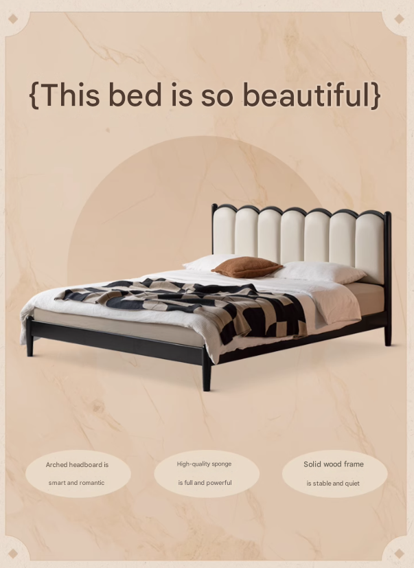 Rubber wood, Poplar Solid Wood Bed French Retro Style Black Harp Bed
