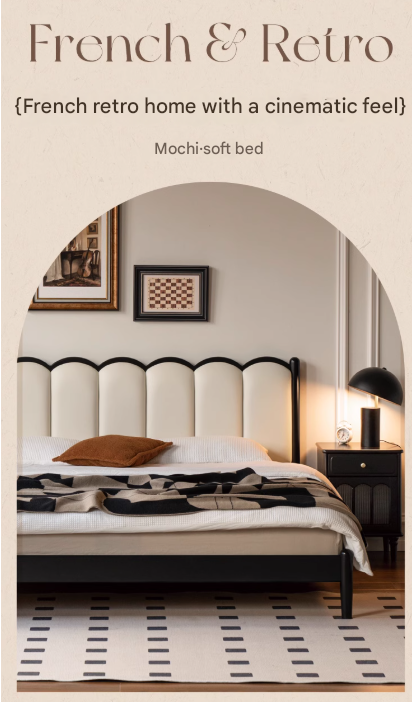 Rubber wood, Poplar Solid Wood Bed French Retro Style Black Harp Bed