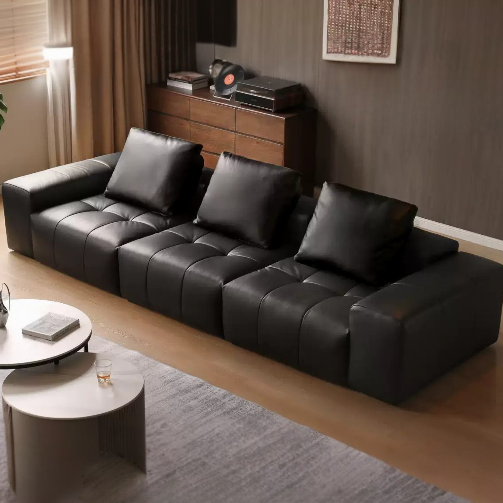 Genuine leather italian minimalist first-layer cowhide black pixel module sofa.