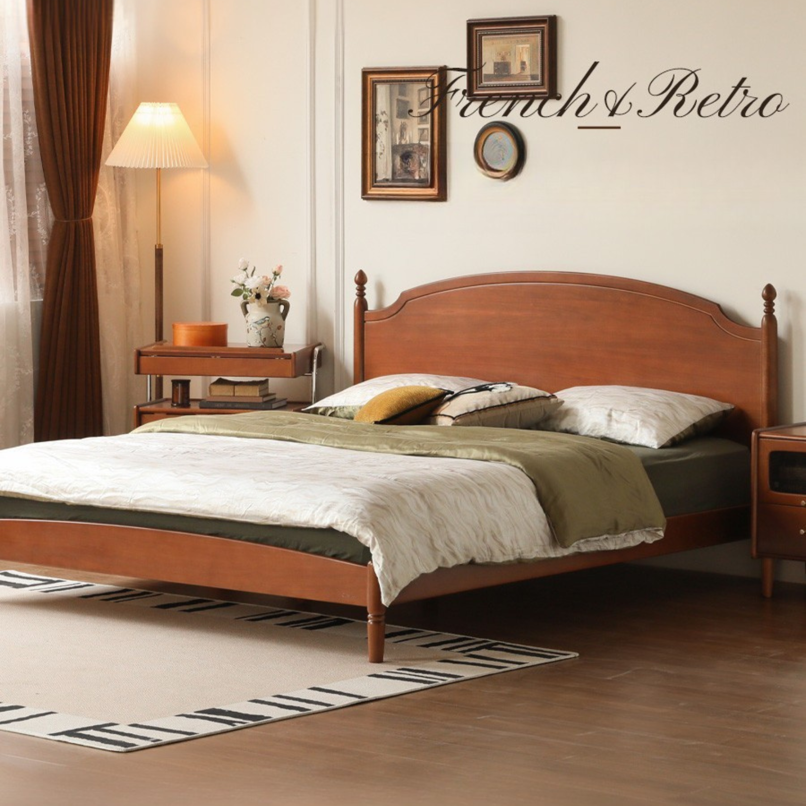 Poplar, Cherry Solid Wood French Retro Large Board Bed