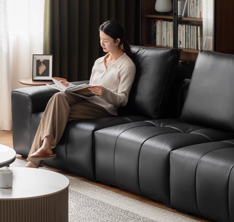 Genuine leather italian minimalist first-layer cowhide black pixel module sofa.