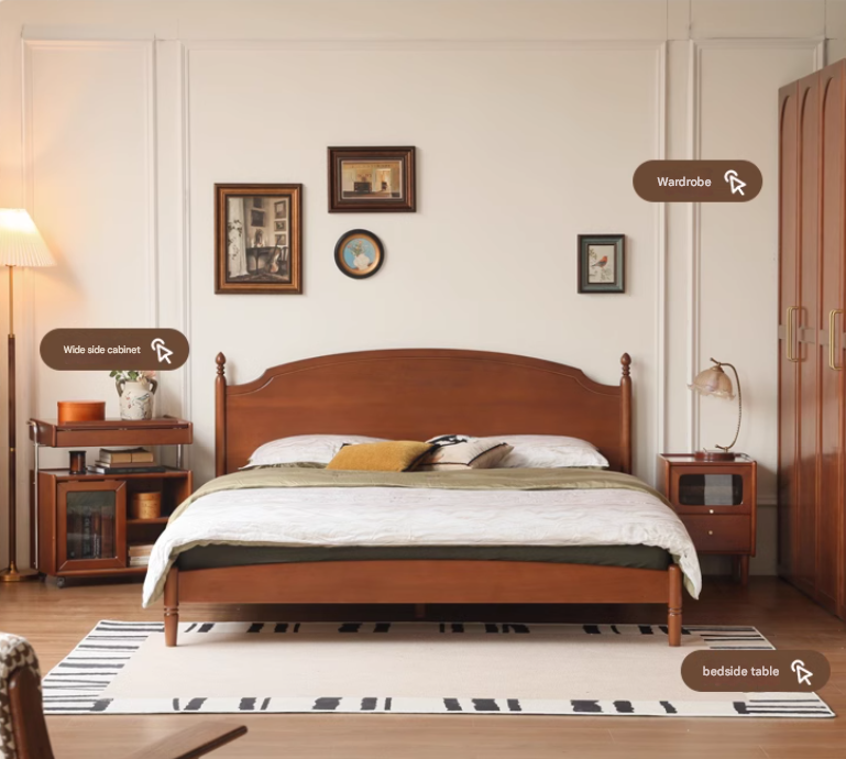 Poplar, Cherry Solid Wood French Retro Large Board Bed
