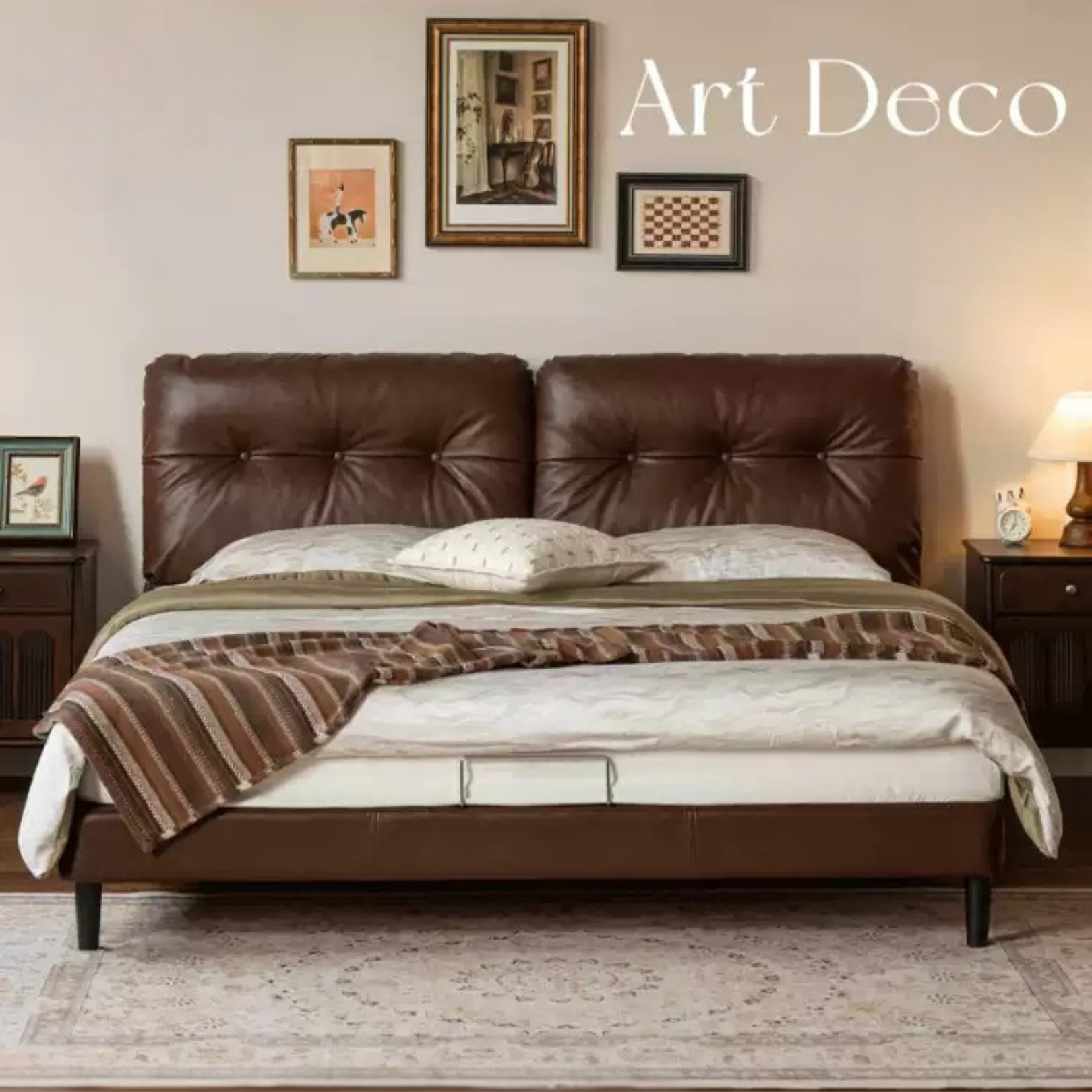Genuine Leather Art Deco Tufted Platform Bed