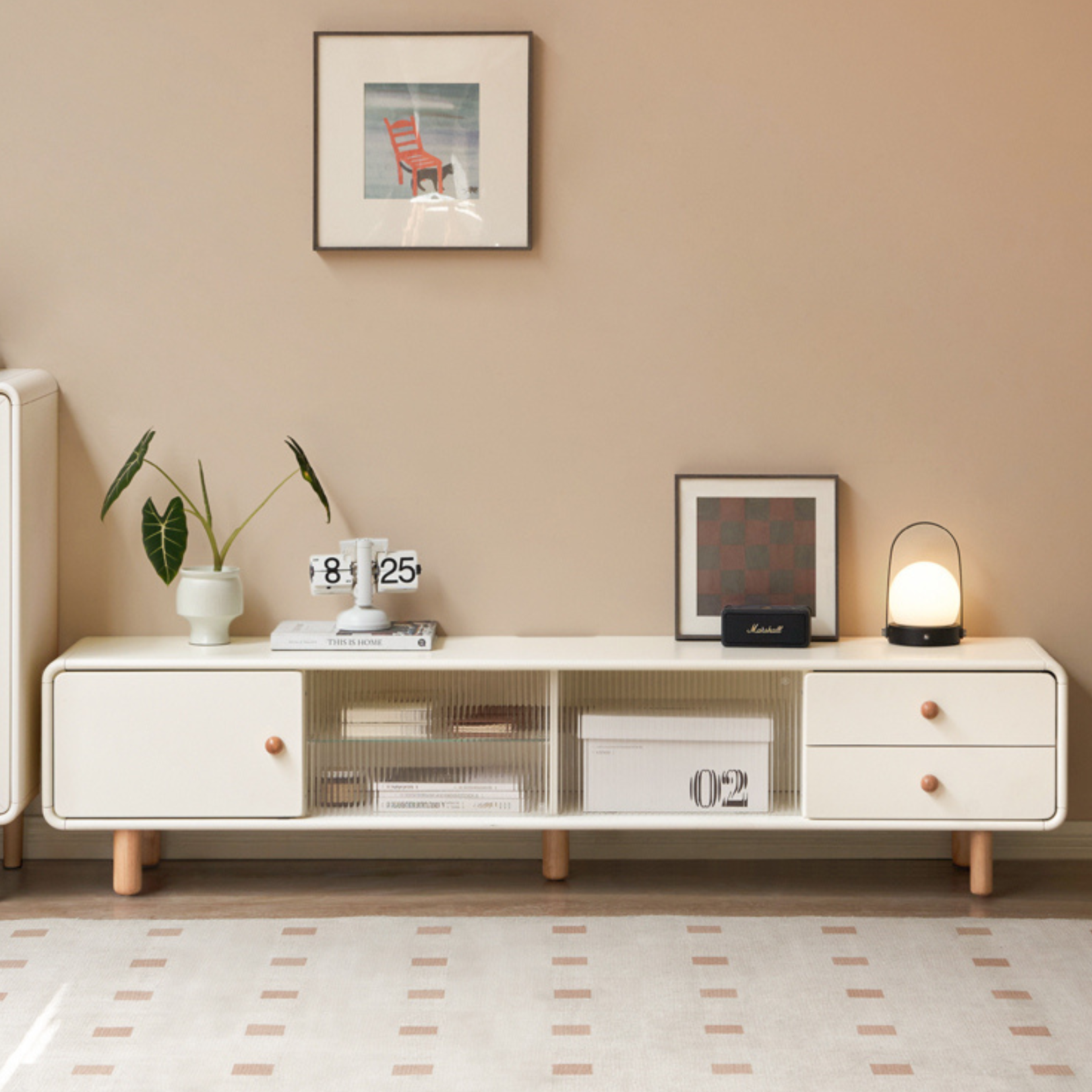 Solid Rubberwood White Floor TV Cabinet.