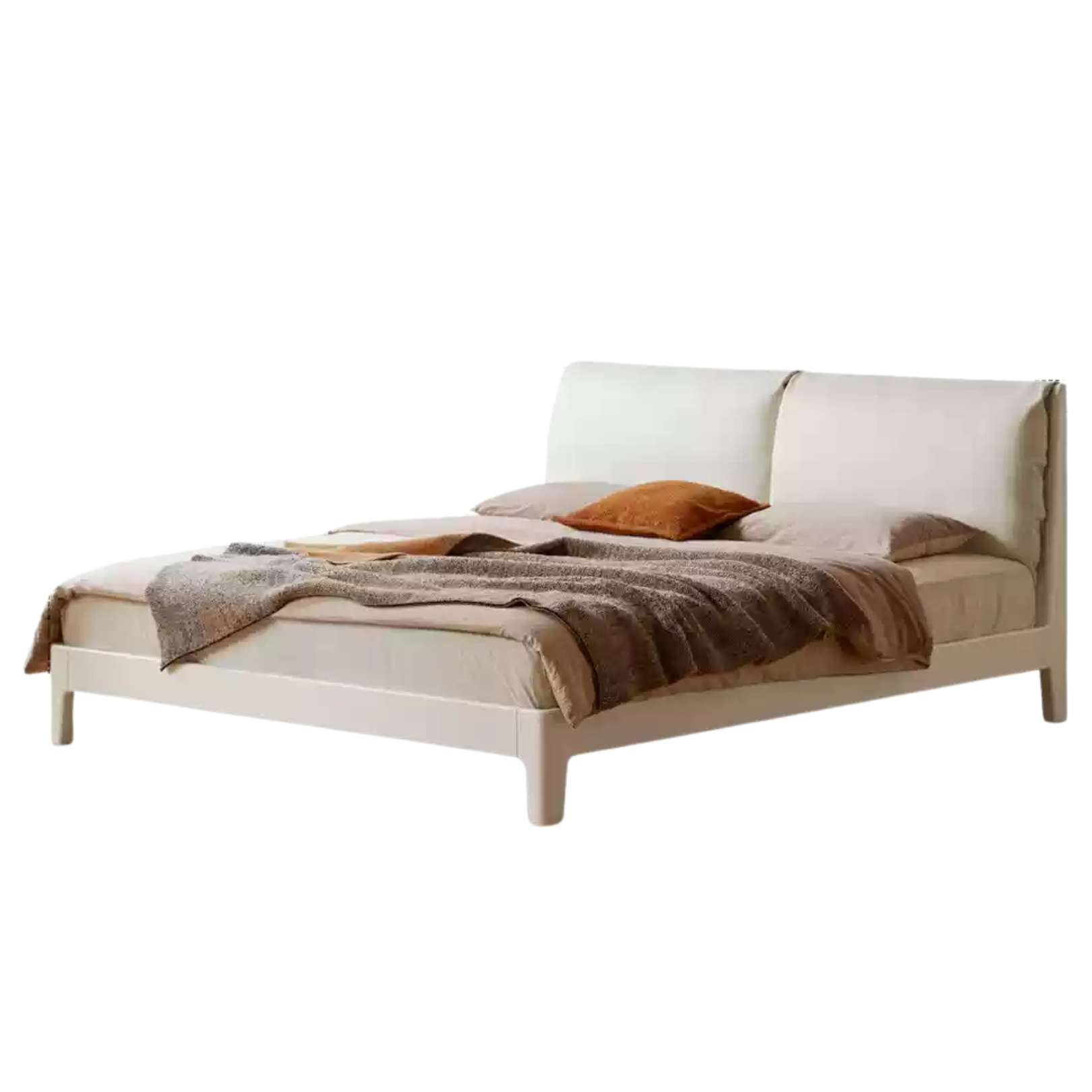 Rubberwood Solid Wood Upholstered Platform Bed with Cushioned Headboard, White