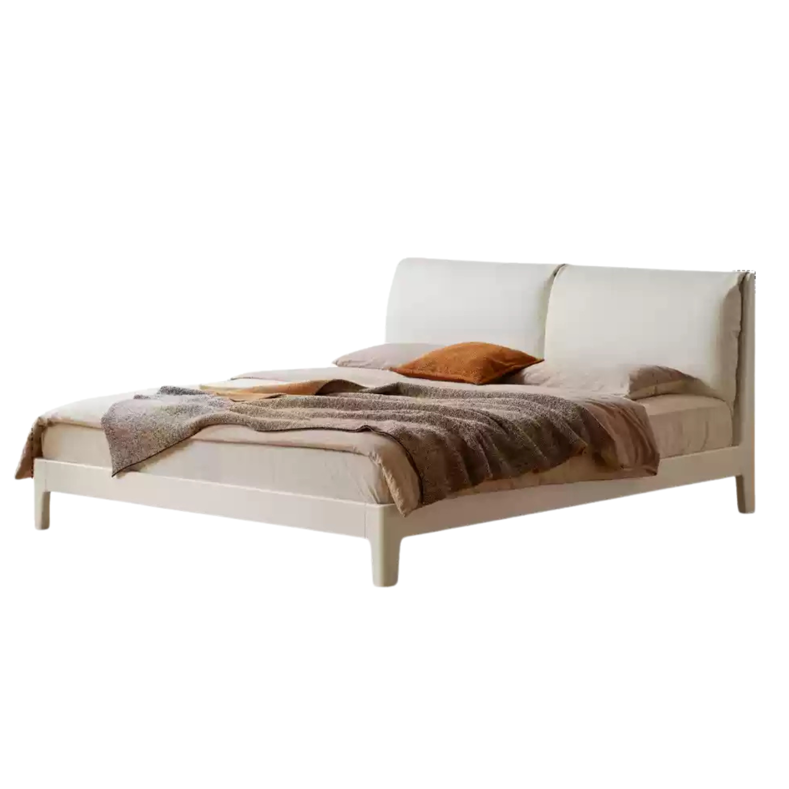 Rubberwood Solid Wood Upholstered Platform Bed with Cushioned Headboard, White
