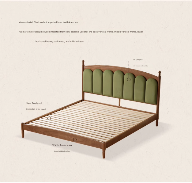 Black Walnut, Oak Solid Wood French Style Leather Bed with Retro Soft Headboard