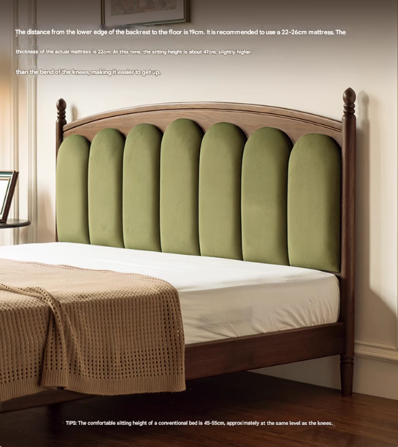 Black Walnut, Oak Solid Wood French Style Leather Bed with Retro Soft Headboard