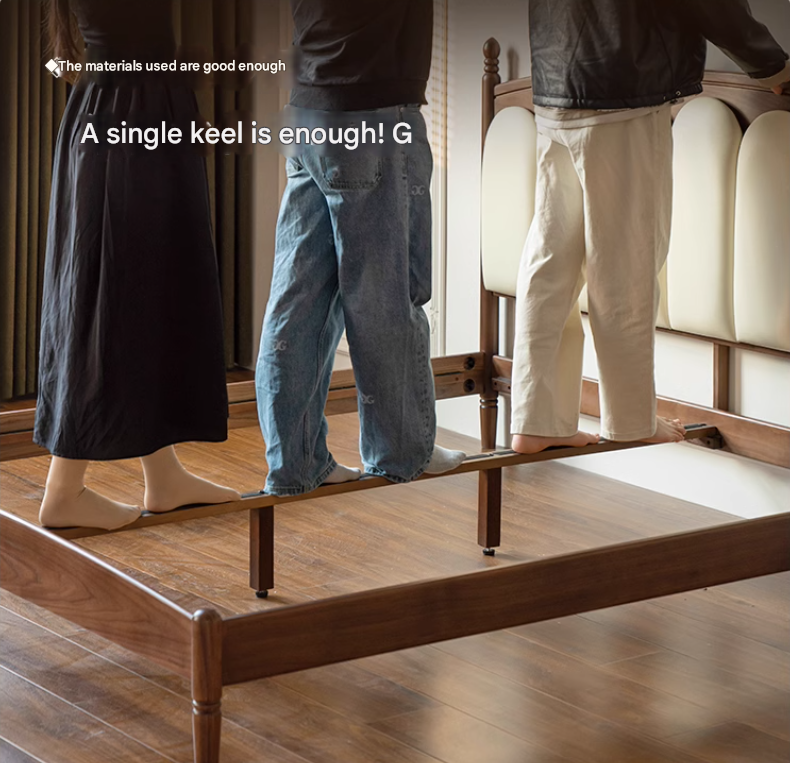 Black Walnut, Oak Solid Wood French Style Leather Bed with Retro Soft Headboard