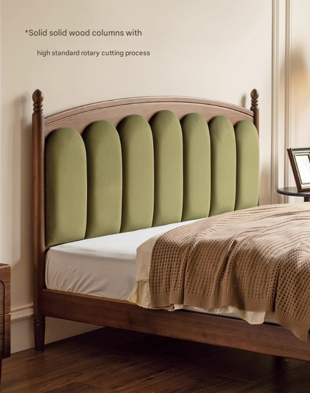 Black Walnut, Oak Solid Wood French Style Leather Bed with Retro Soft Headboard