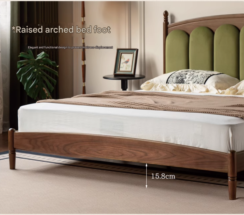 Black Walnut, Oak Solid Wood French Style Leather Bed with Retro Soft Headboard