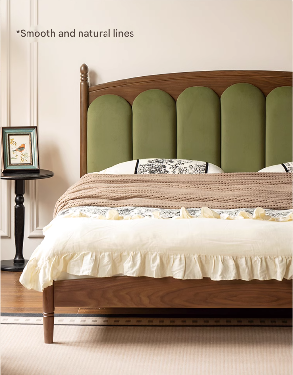 Black Walnut, Oak Solid Wood French Style Leather Bed with Retro Soft Headboard