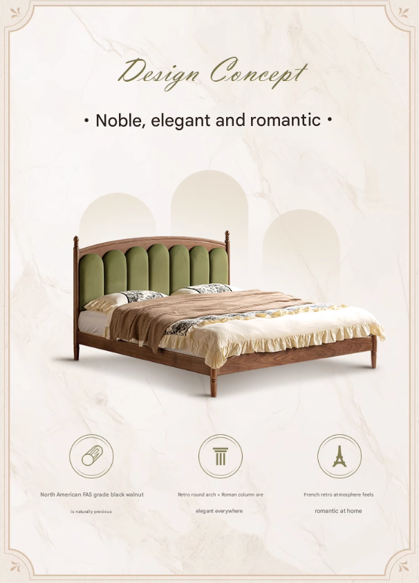 Black Walnut, Oak Solid Wood French Style Leather Bed with Retro Soft Headboard