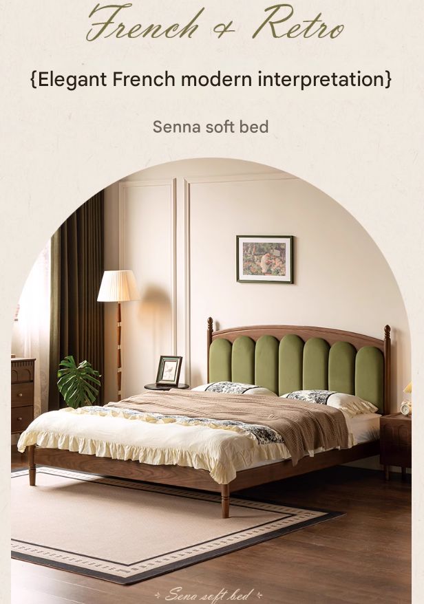 Black Walnut, Oak Solid Wood French Style Leather Bed with Retro Soft Headboard