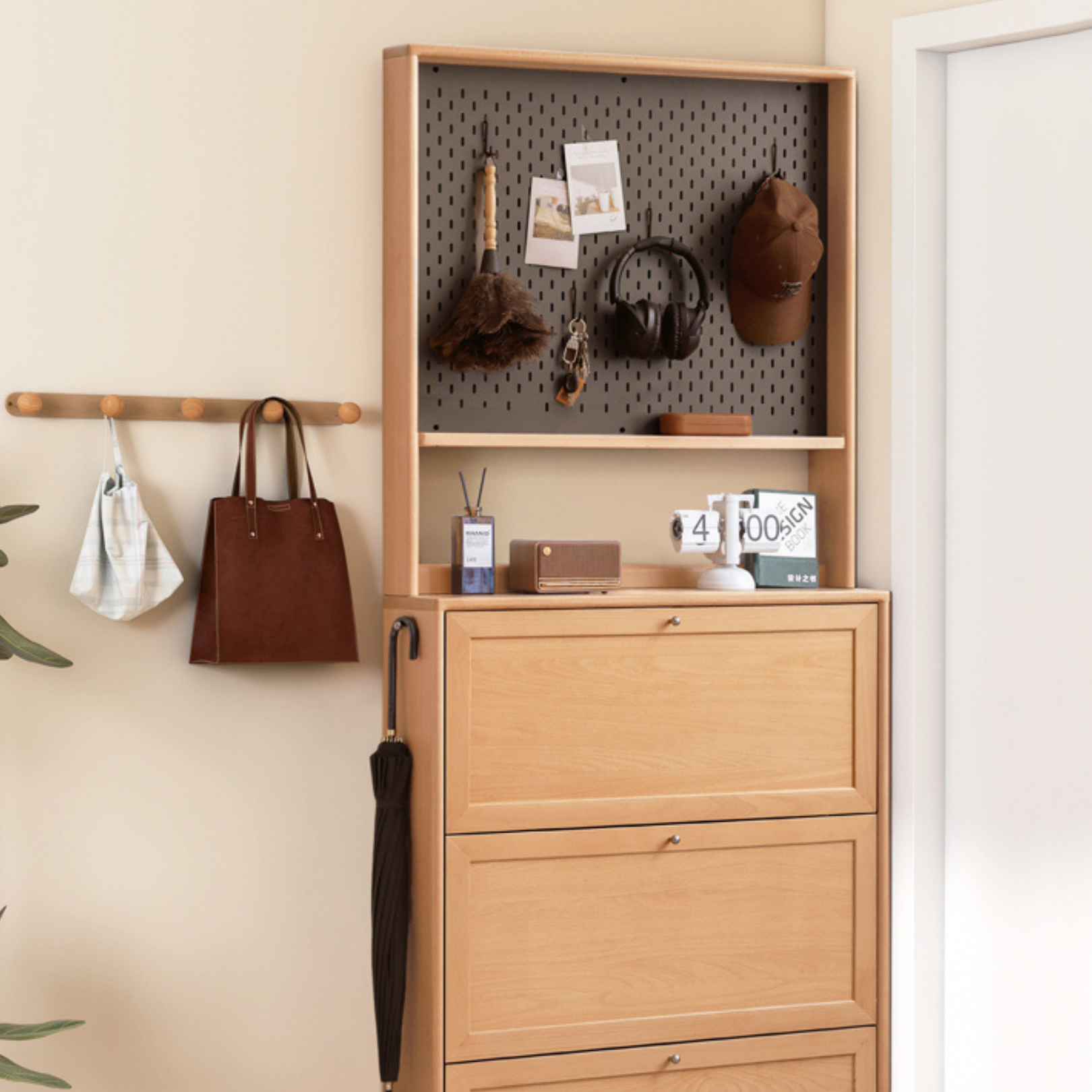Beech Solid Wood Ultra-Thin Flip Bucket Shoe Cabinet