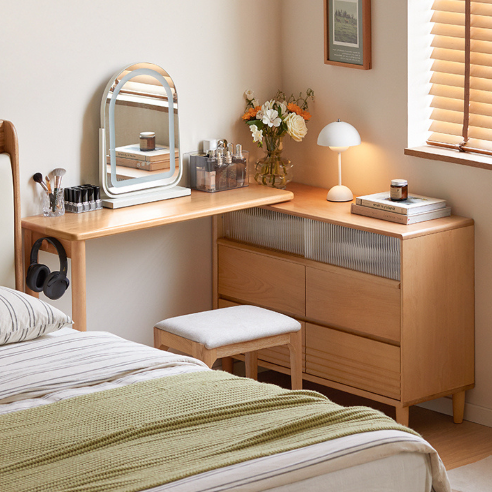 Beech Solid Wood L-Shaped Corner Storage Cabinet, Dressing table.