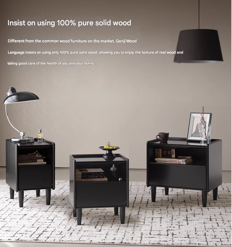 Solid RubberWood Modern Black Nightstand.