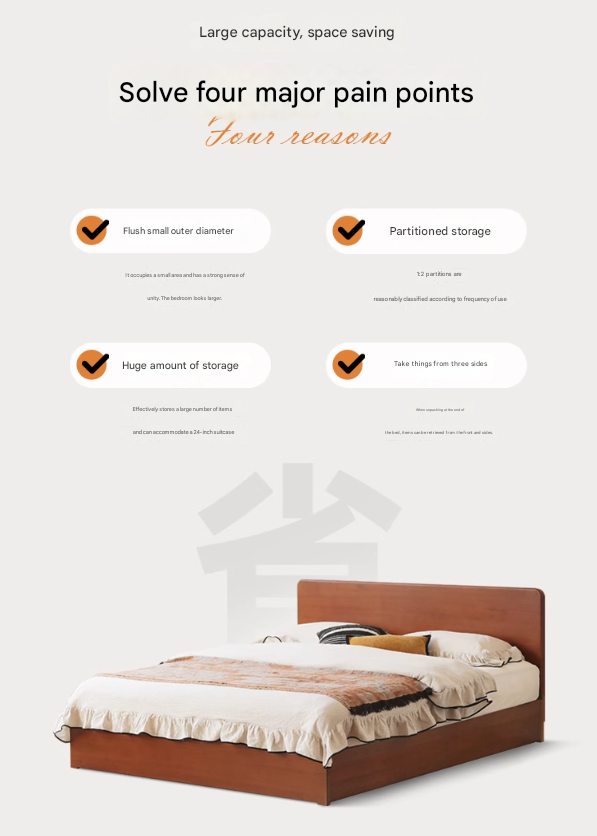 Poplar Solid Wood Storage Bed with Flat Panel Headboard