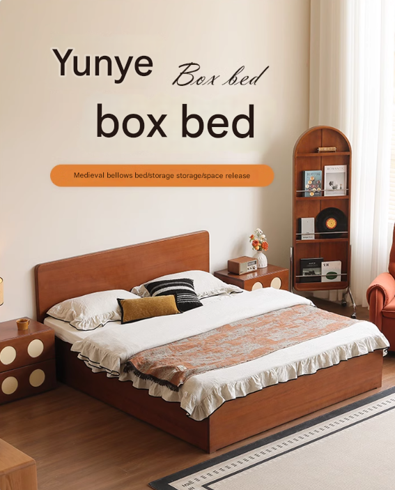 Poplar Solid Wood Storage Bed with Flat Panel Headboard