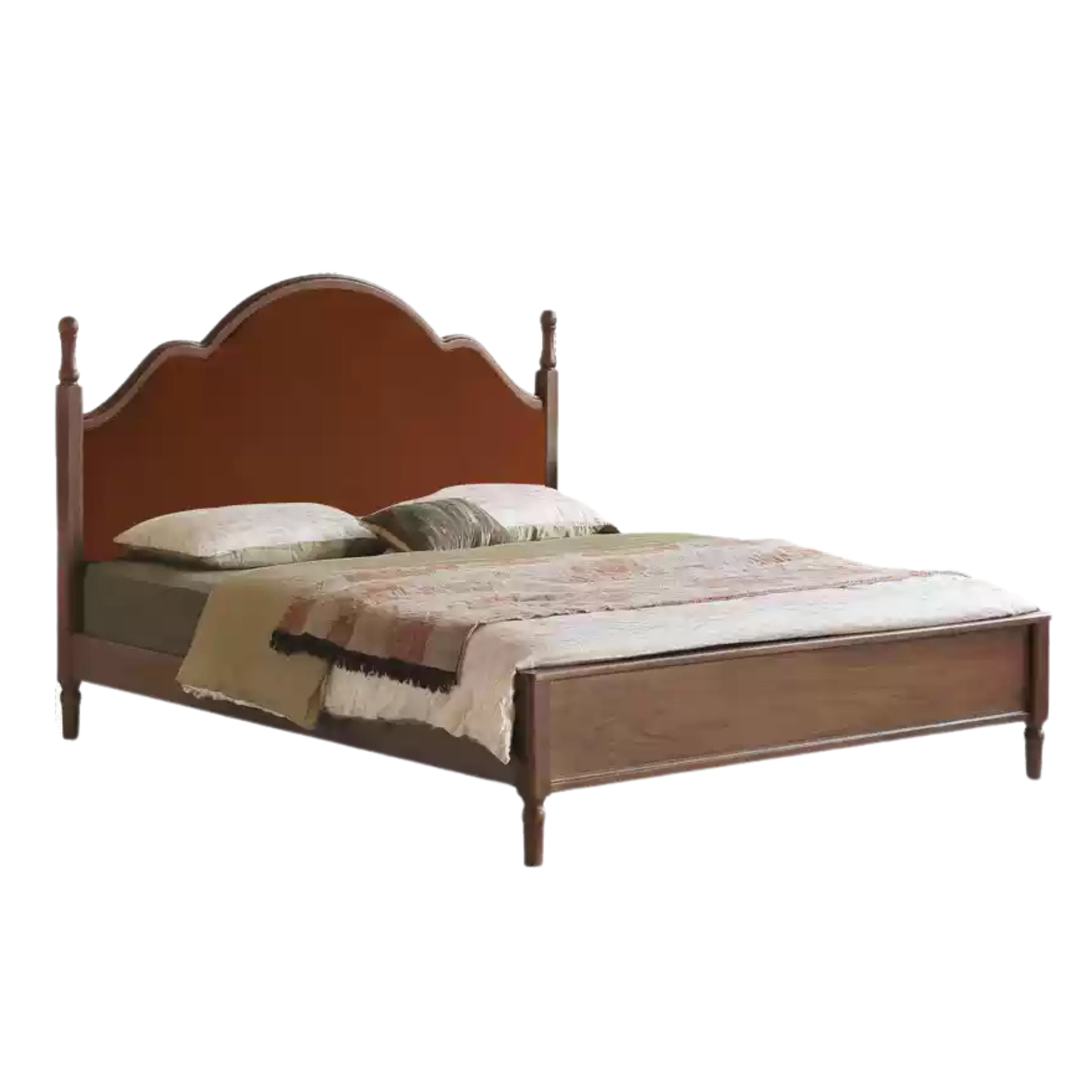 Black Walnut, Poplar Solid Wood Double Bed with Soft Backrest, Retro American Style
