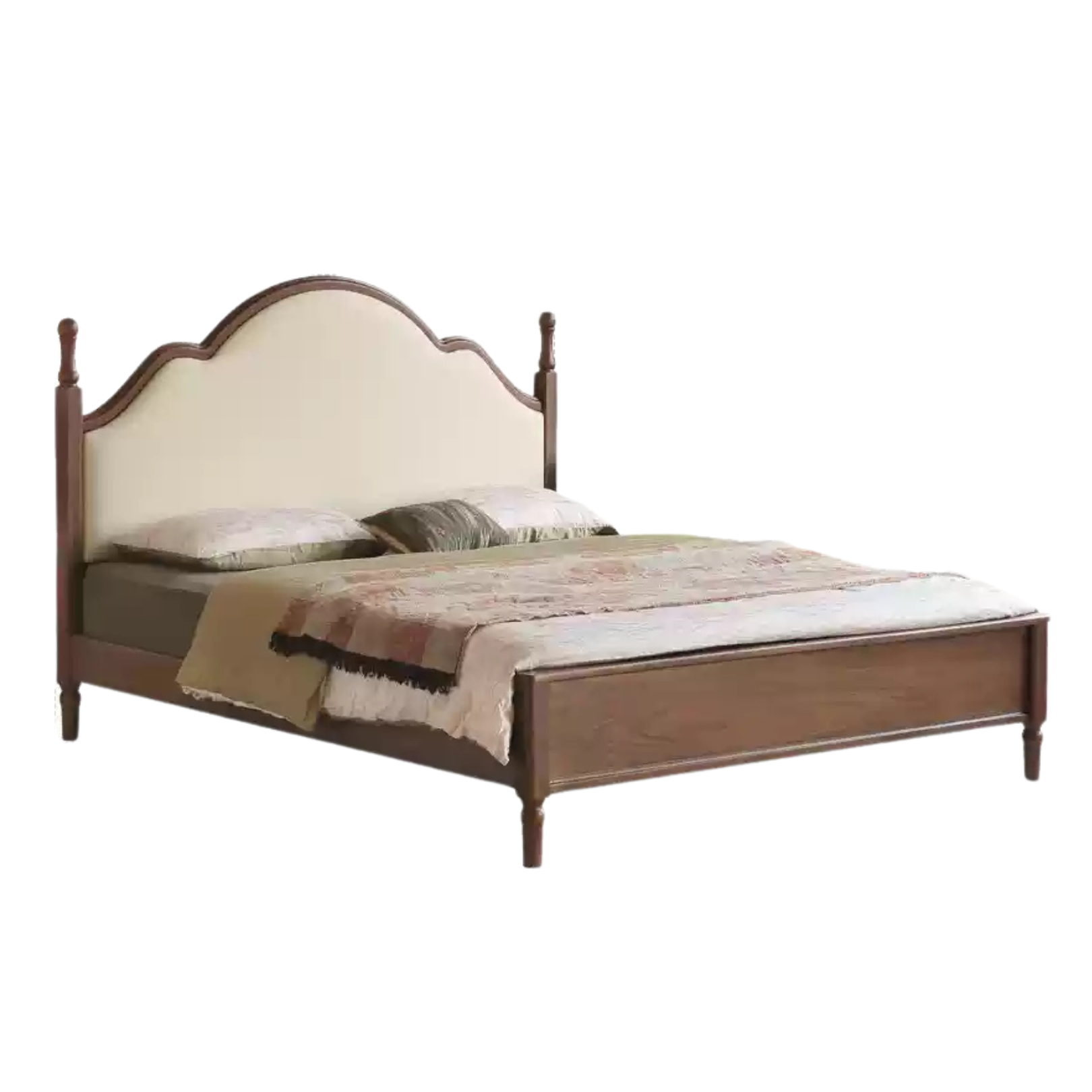 Black Walnut, Poplar Solid Wood Double Bed with Soft Backrest, Retro American Style