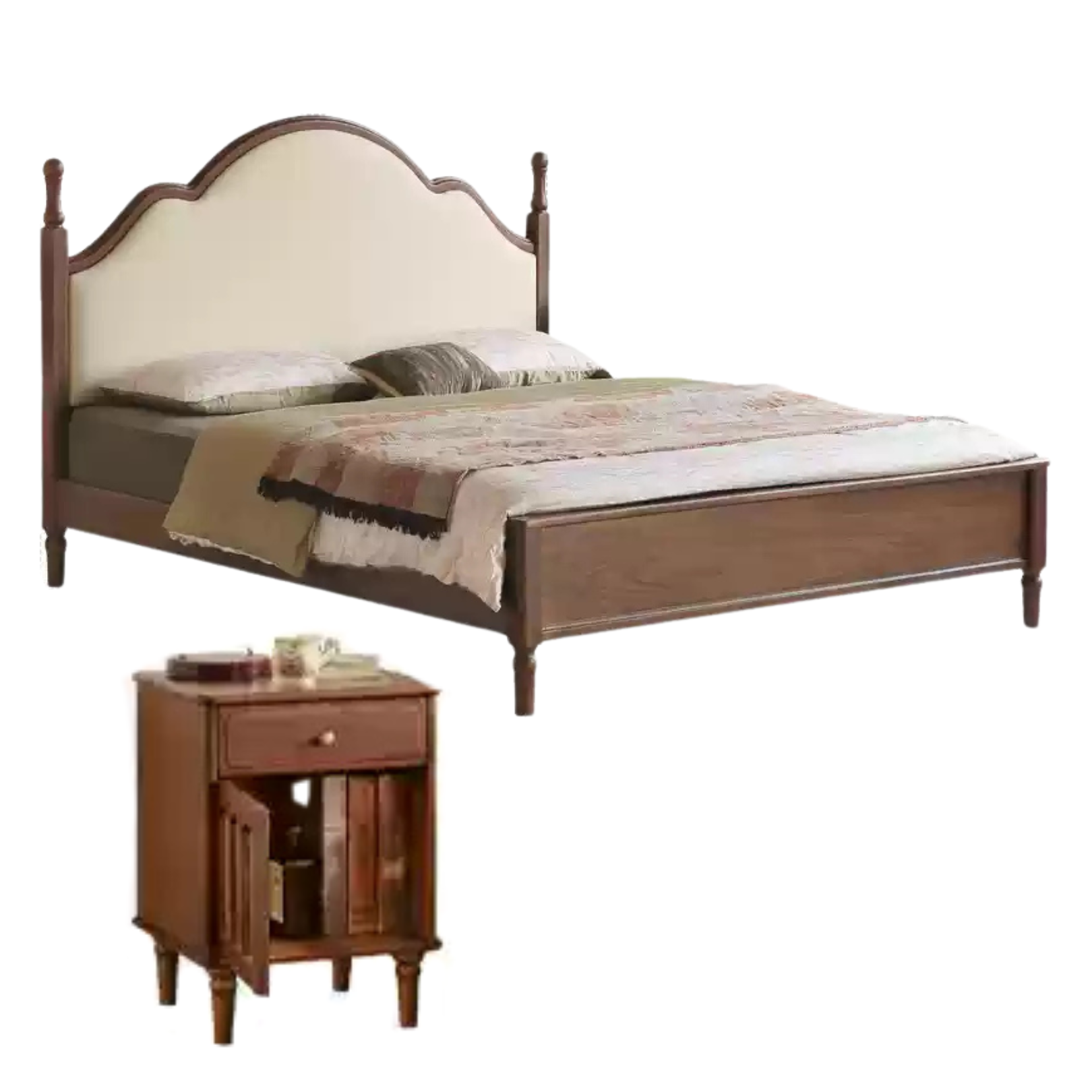 Black Walnut, Poplar Solid Wood Double Bed with Soft Backrest, Retro American Style