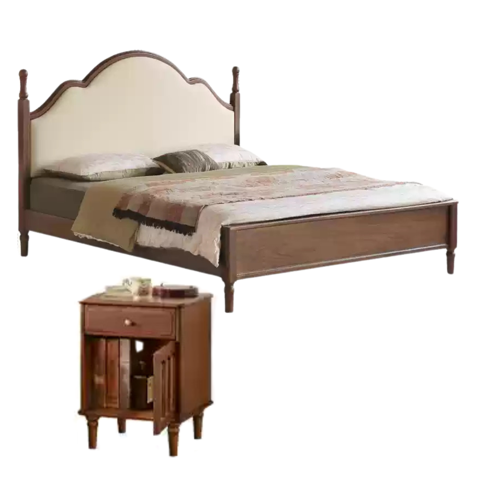Black Walnut, Poplar Solid Wood Double Bed with Soft Backrest, Retro American Style