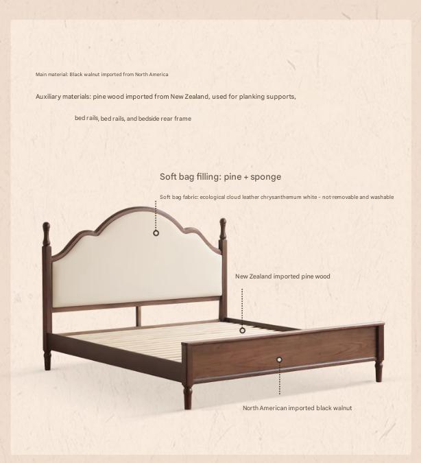 Black Walnut, Poplar Solid Wood Double Bed with Soft Backrest, Retro American Style