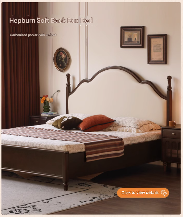 Black Walnut, Poplar Solid Wood Double Bed with Soft Backrest, Retro American Style