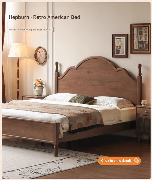 Black Walnut, Poplar Solid Wood Double Bed with Soft Backrest, Retro American Style