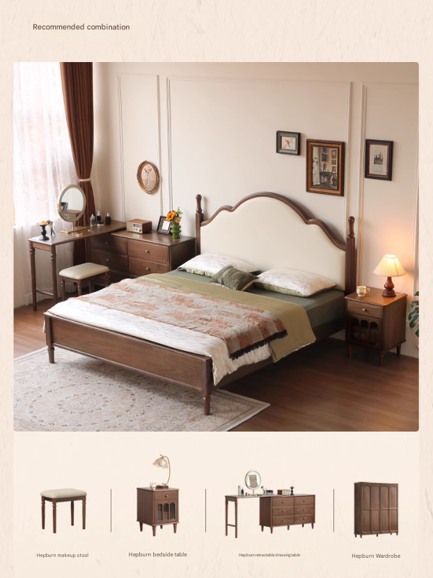 Black Walnut, Poplar Solid Wood Double Bed with Soft Backrest, Retro American Style