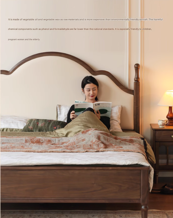 Black Walnut, Poplar Solid Wood Double Bed with Soft Backrest, Retro American Style