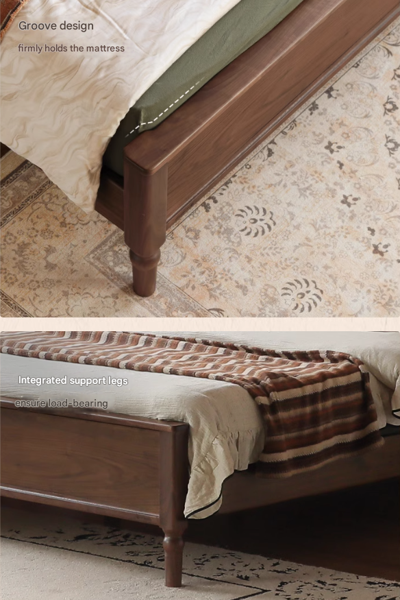 Black Walnut, Poplar Solid Wood Double Bed with Soft Backrest, Retro American Style