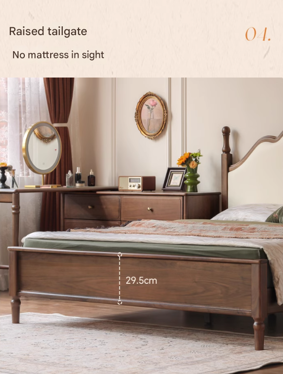 Black Walnut, Poplar Solid Wood Double Bed with Soft Backrest, Retro American Style