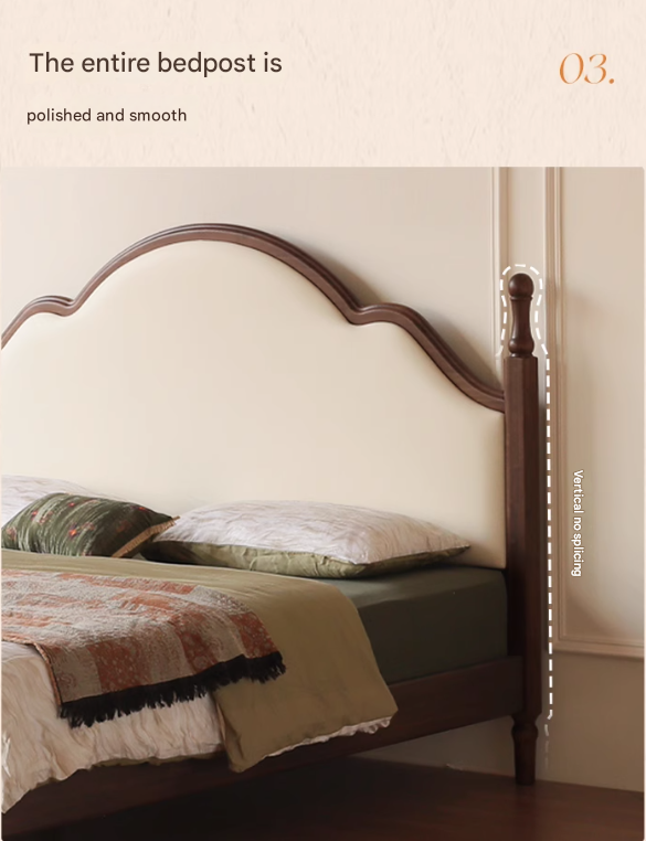 Black Walnut, Poplar Solid Wood Double Bed with Soft Backrest, Retro American Style