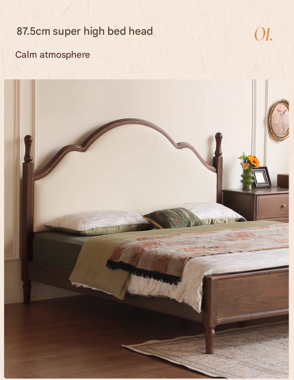 Black Walnut, Poplar Solid Wood Double Bed with Soft Backrest, Retro American Style