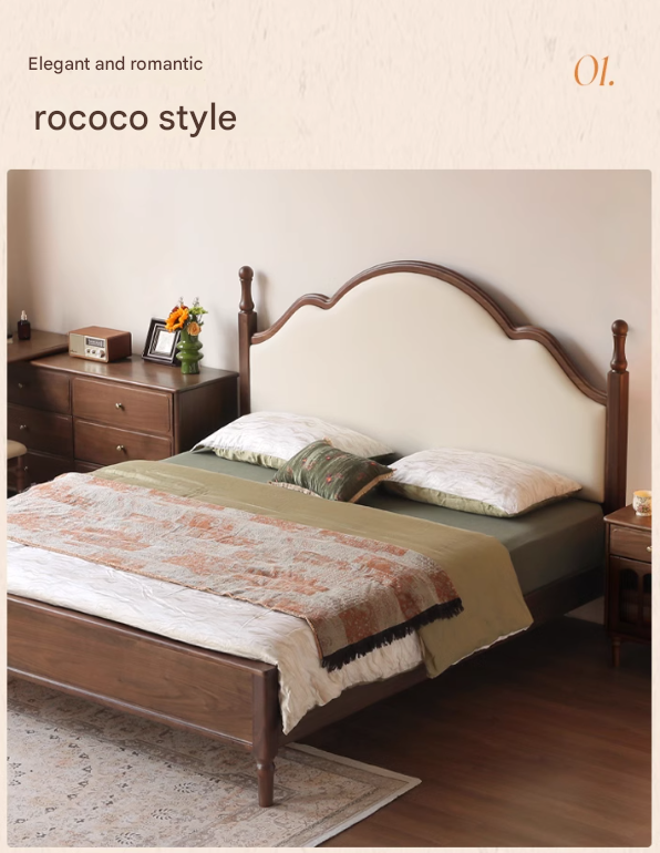 Black Walnut, Poplar Solid Wood Double Bed with Soft Backrest, Retro American Style