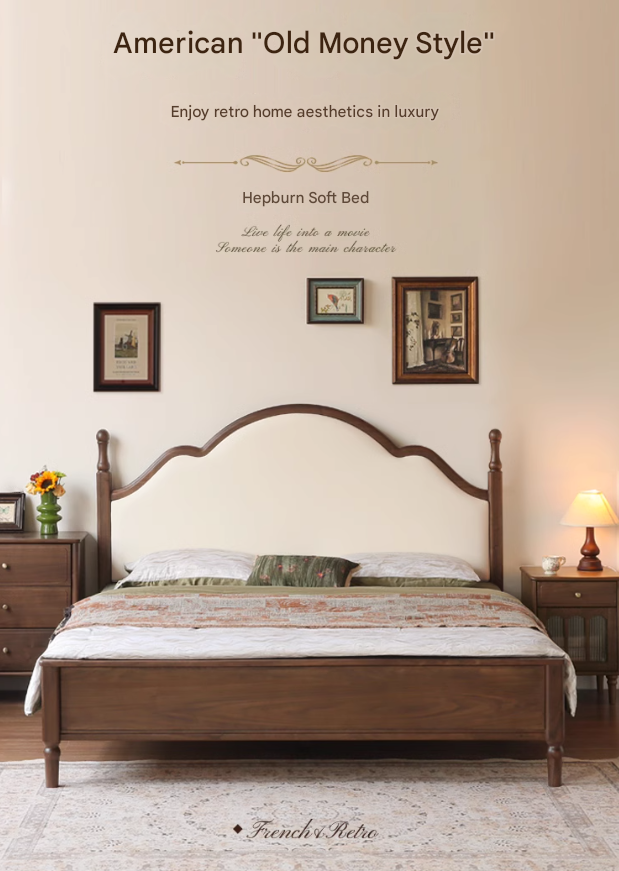 Black Walnut, Poplar Solid Wood Double Bed with Soft Backrest, Retro American Style