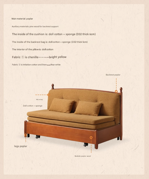 Poplar Solid Wood Telescopic French Vintage Sitting and Sleeping Dual purpose Sofa