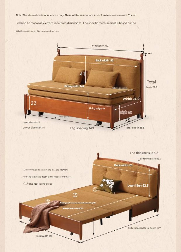 Poplar Solid Wood Telescopic French Vintage Sitting and Sleeping Dual purpose Sofa