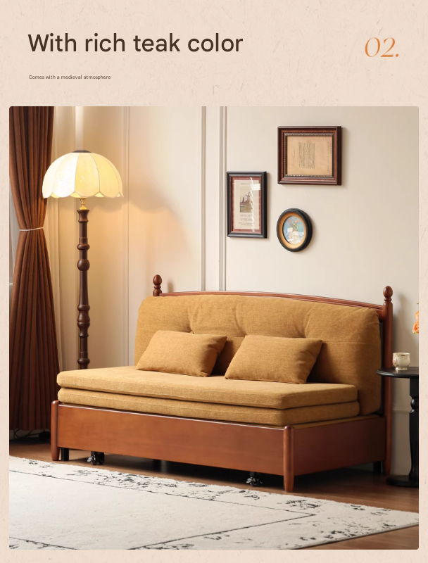 Poplar Solid Wood Telescopic French Vintage Sitting and Sleeping Dual purpose Sofa