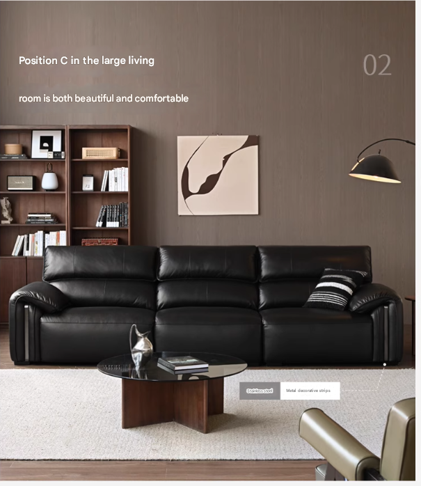 Leather Italian Light Luxury Black Straight Line Sofa