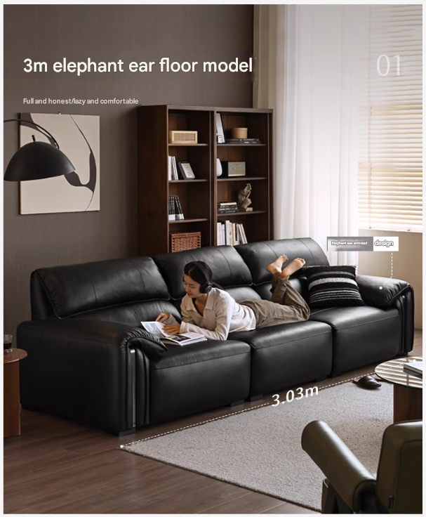 Leather Italian Light Luxury Black Straight Line Sofa