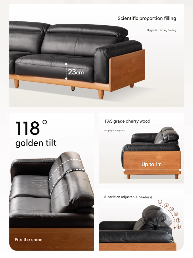 Cherry Wood Solid Wood Modern Leather Sofa