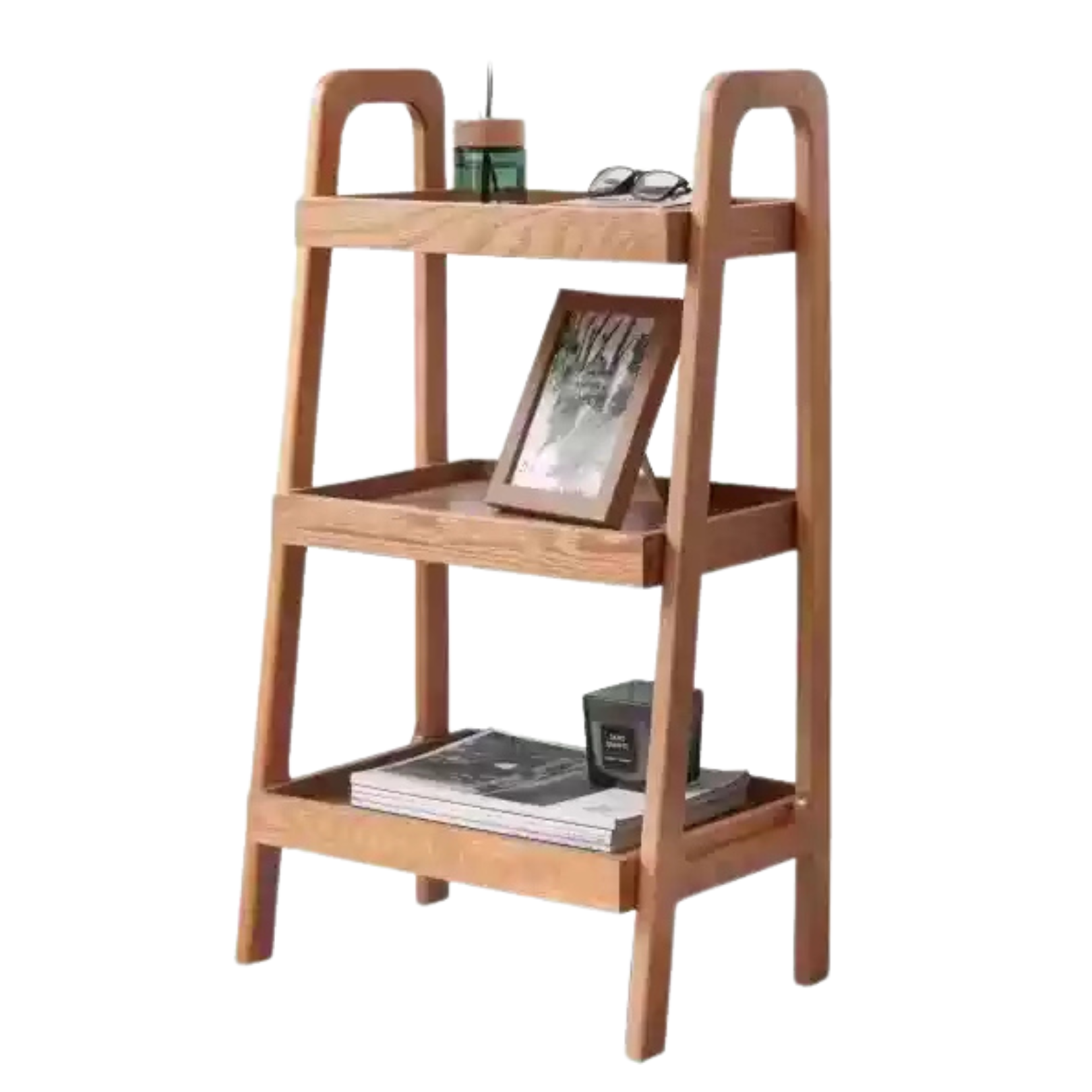 Oak Solid Wood Trapezoidal Three-Tier Bookshelf, Side Table