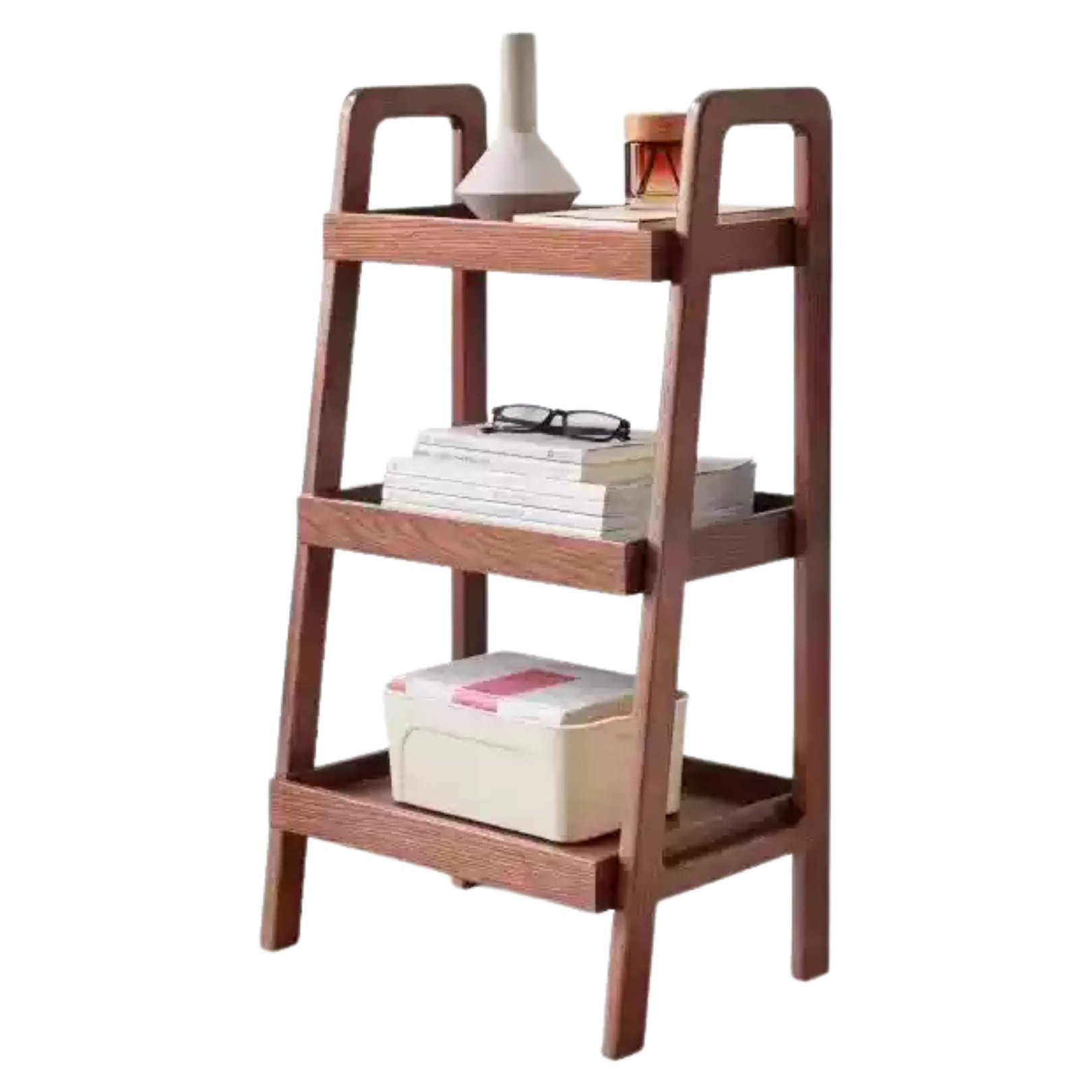 Oak Solid Wood Trapezoidal Three-Tier Bookshelf, Side Table