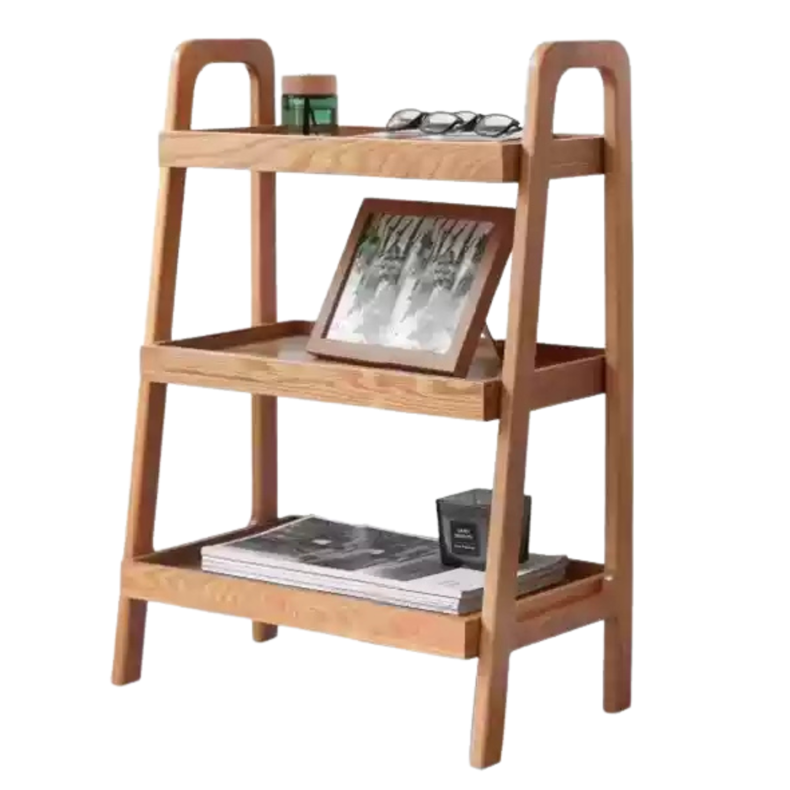Oak Solid Wood Trapezoidal Three-Tier Bookshelf, Side Table