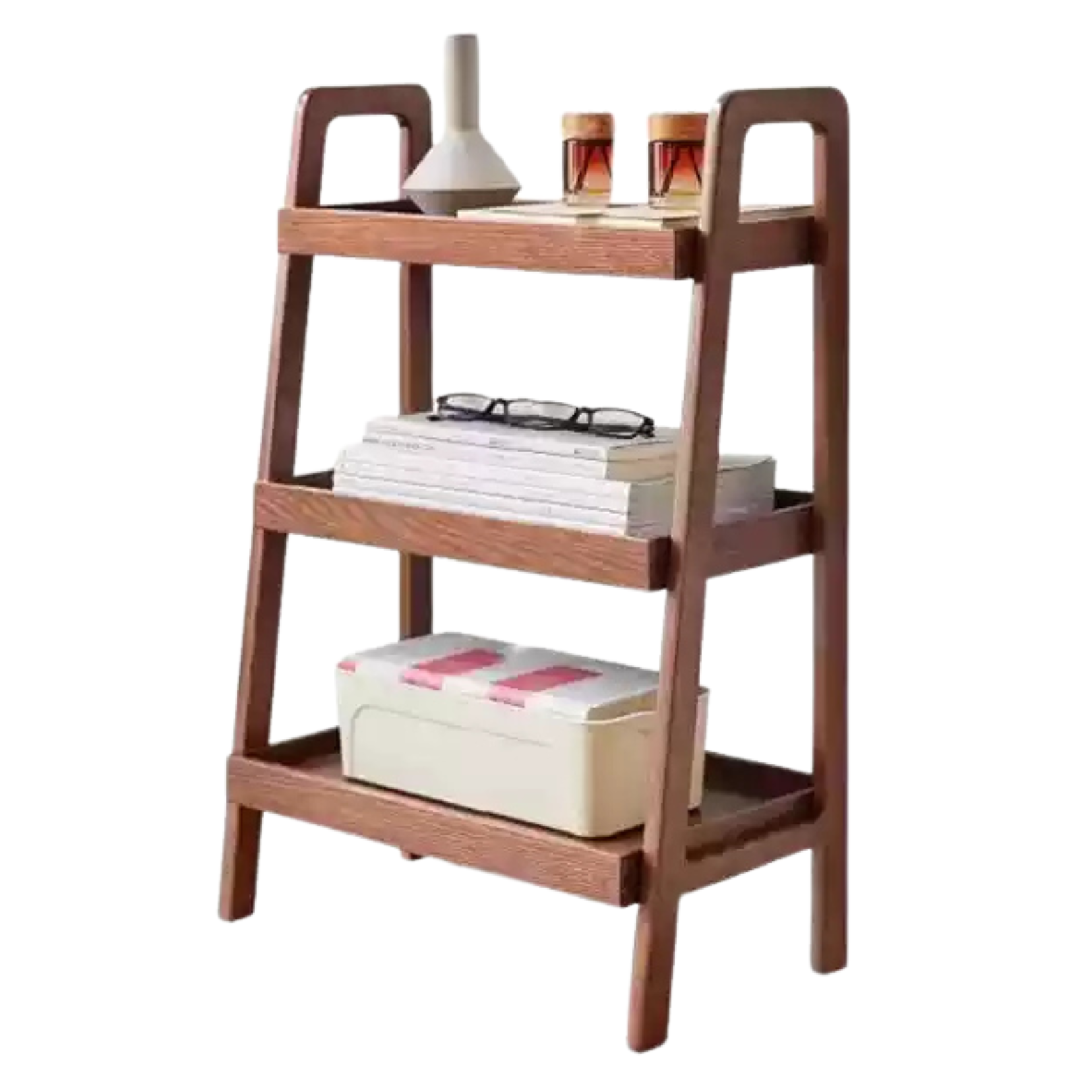 Oak Solid Wood Trapezoidal Three-Tier Bookshelf, Side Table