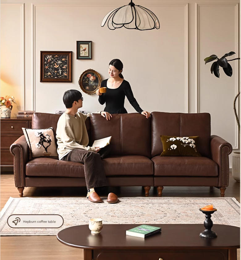 Genuine Leather American Retro High Back Sofa